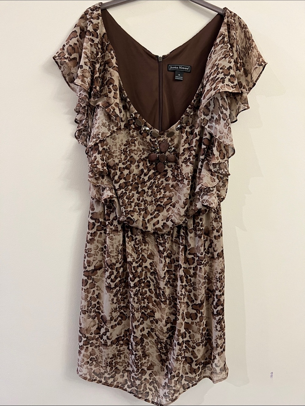 Jessica Howard Brown and Cream Leopard-Print Ruffle Mini Dress